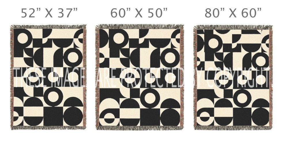 Three sizes of a geometric patterned blanket with measurements displayed above each.