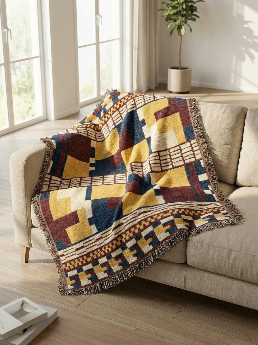 Bauhaus Steps Woven Throw Blanket – Mustard, Navy and Wine Modern Art Décor for Sofa and Bed - Modern Geometric Home Decor | HERITAGE LOOM CO.