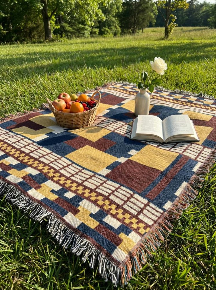 Home Decor {{variant_option}} - Bauhaus Steps Woven Throw Blanket – Mustard, Navy and Wine Modern Art Décor for Sofa and Bed woven throw blanket