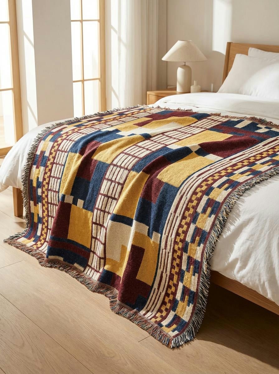 Bauhaus Steps Woven Throw Blanket – Mustard, Navy and Wine Modern Art Décor for Sofa and Bed - Modern Geometric Home Decor | HERITAGE LOOM CO.