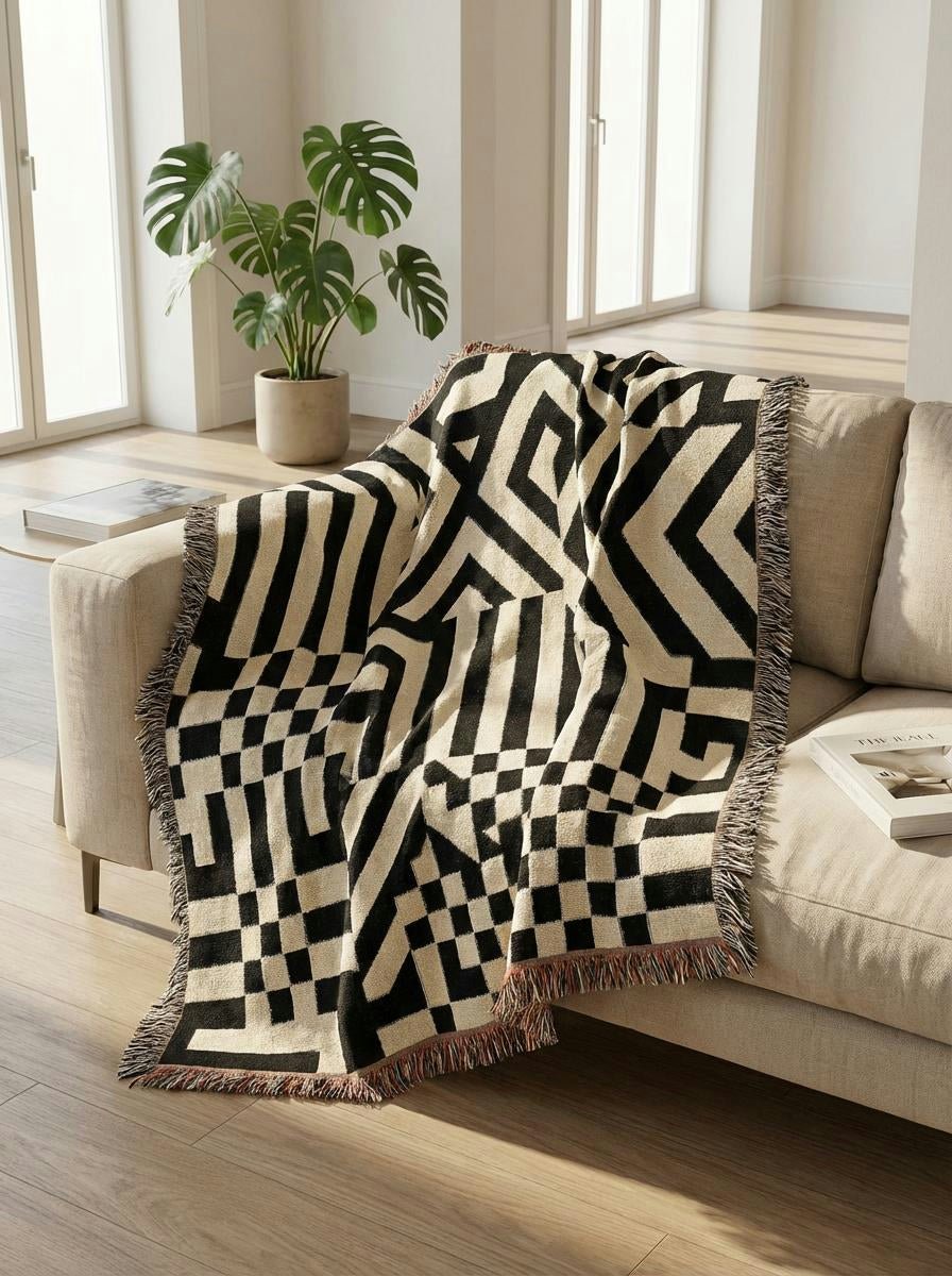 Optical Maze Black & White Throw Blanket – Modern Geometric Woven Art Décor for Sofa and Bed - Modern Geometric Home Decor | HERITAGE LOOM CO.