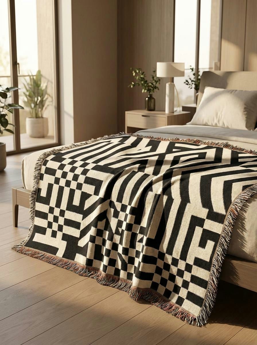 Optical Maze Black & White Throw Blanket – Modern Geometric Woven Art Décor for Sofa and Bed - Modern Geometric Home Decor | HERITAGE LOOM CO.