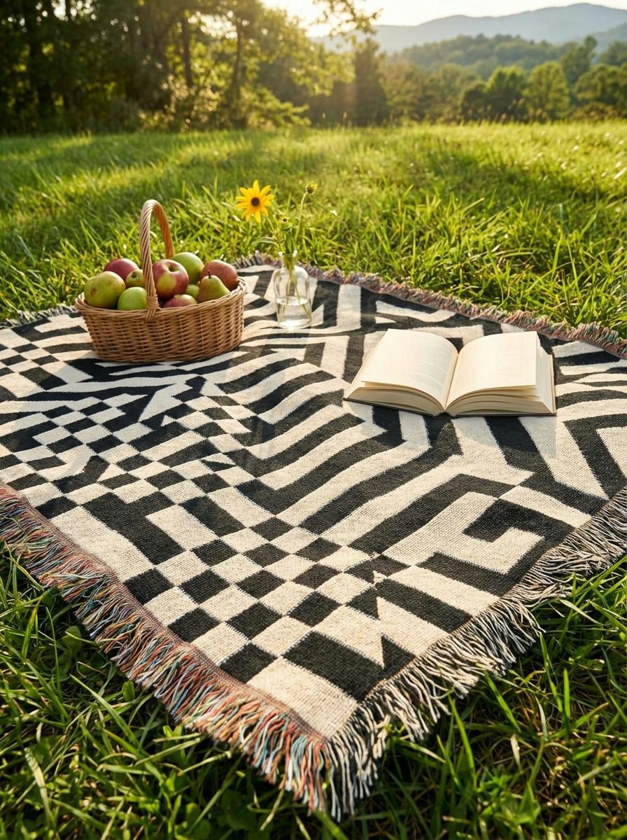 Optical Maze Black & White Throw Blanket – Modern Geometric Woven Art Décor for Sofa and Bed - Modern Geometric Home Decor | HERITAGE LOOM CO.