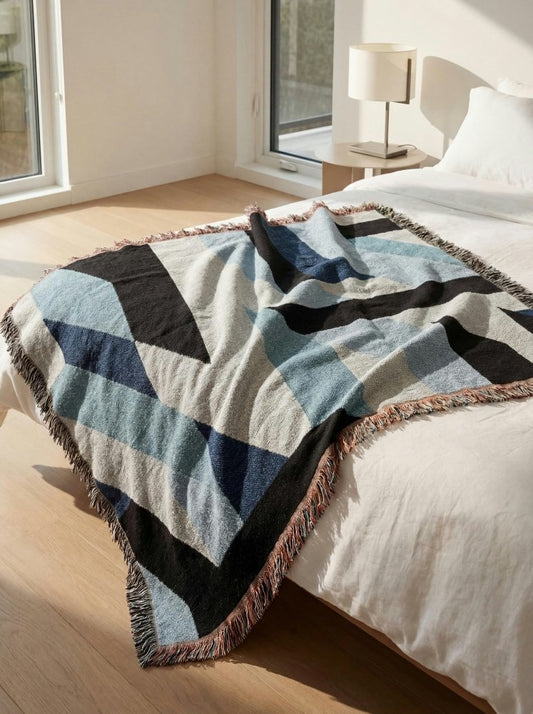 Home Decor {{variant_option}} - Ice City Geometric Throw Blanket – Blue Modern Woven Art Décor for Sofa, Bed and Office woven throw blanket