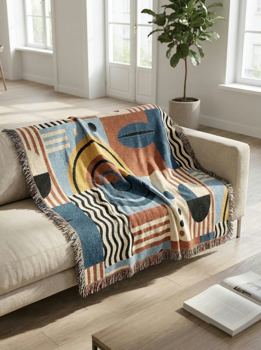 Ocean Jazz Geometric Throw Blanket – Blue Mustard Abstract Woven Art for Sofa and Bed - Modern Geometric Home Decor | HERITAGE LOOM CO.