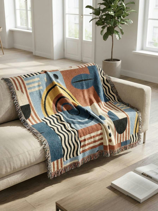 Ocean Jazz Geometric Throw Blanket – Blue Mustard Abstract Woven Art for Sofa and Bed - Modern Geometric Home Decor | HERITAGE LOOM CO.