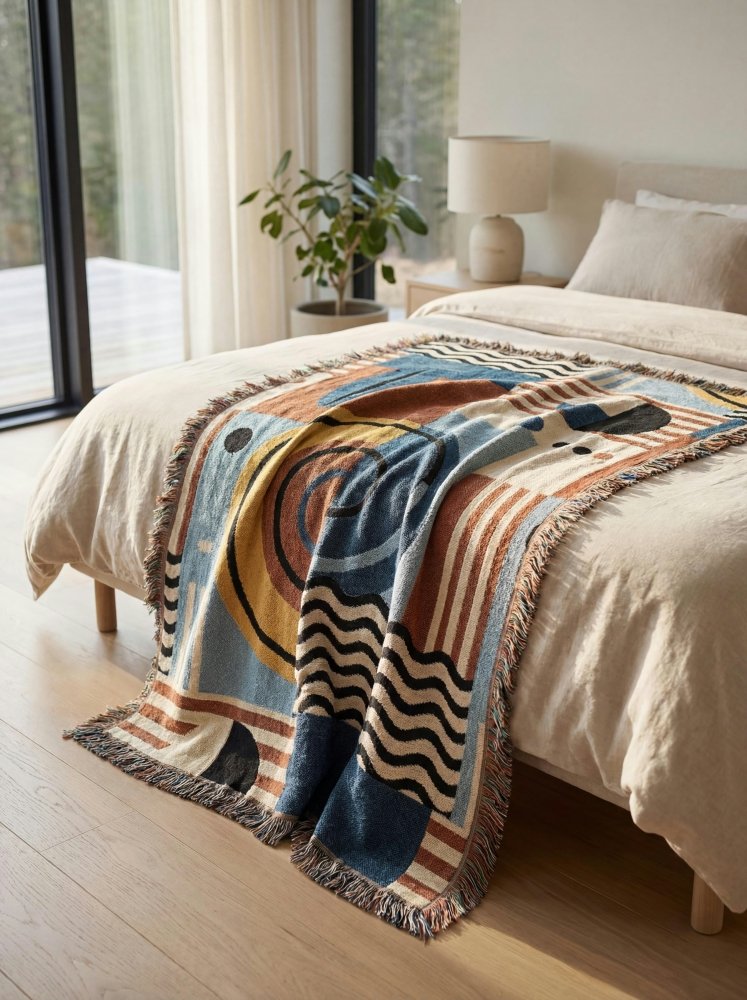 Home Decor {{variant_option}} - Ocean Jazz Geometric Throw Blanket – Blue Mustard Abstract Woven Art for Sofa and Bed woven throw blanket