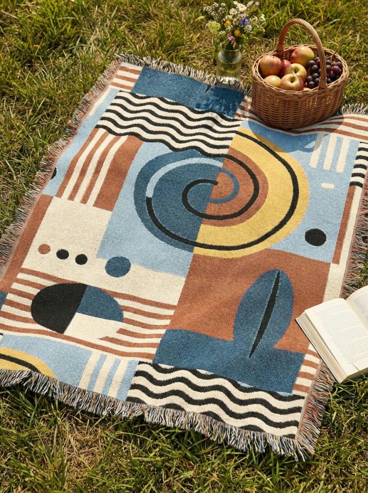 Home Decor {{variant_option}} - Ocean Jazz Geometric Throw Blanket – Blue Mustard Abstract Woven Art for Sofa and Bed woven throw blanket