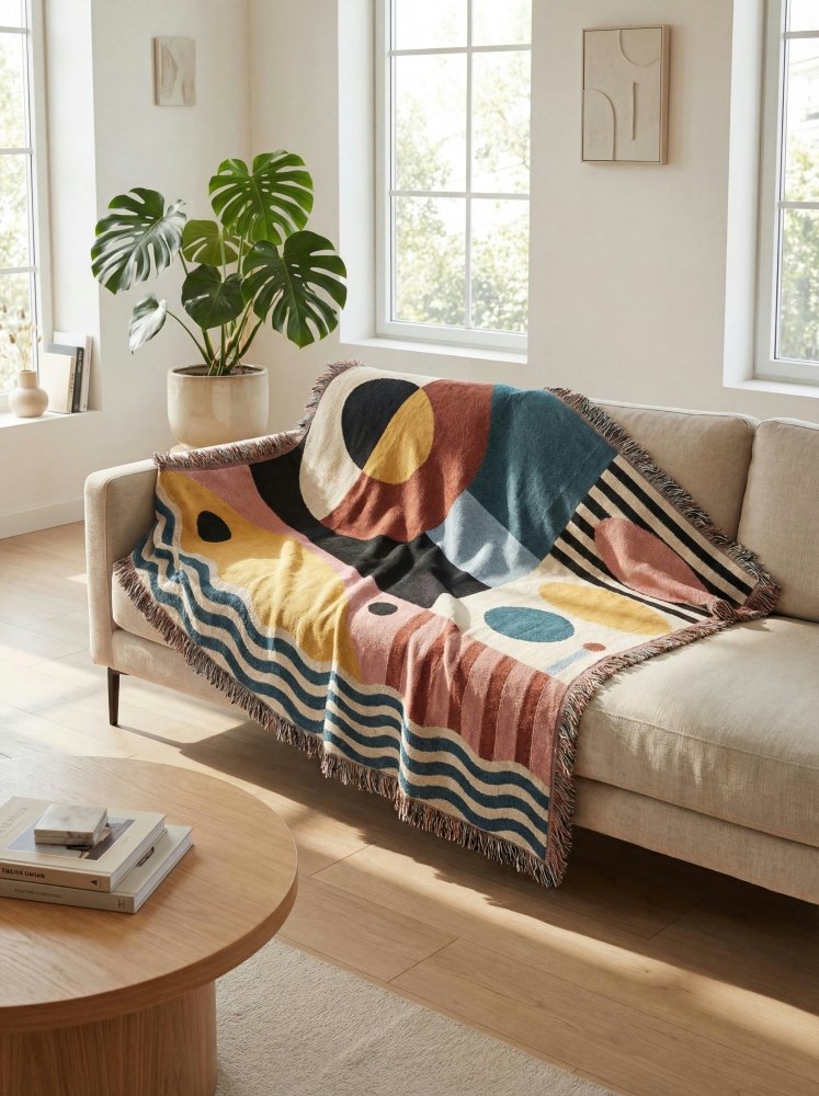 Home Decor {{variant_option}} - Mid-Century Geometric Woven Blanket — Abstract Retro Throw for Living Room woven throw blanket