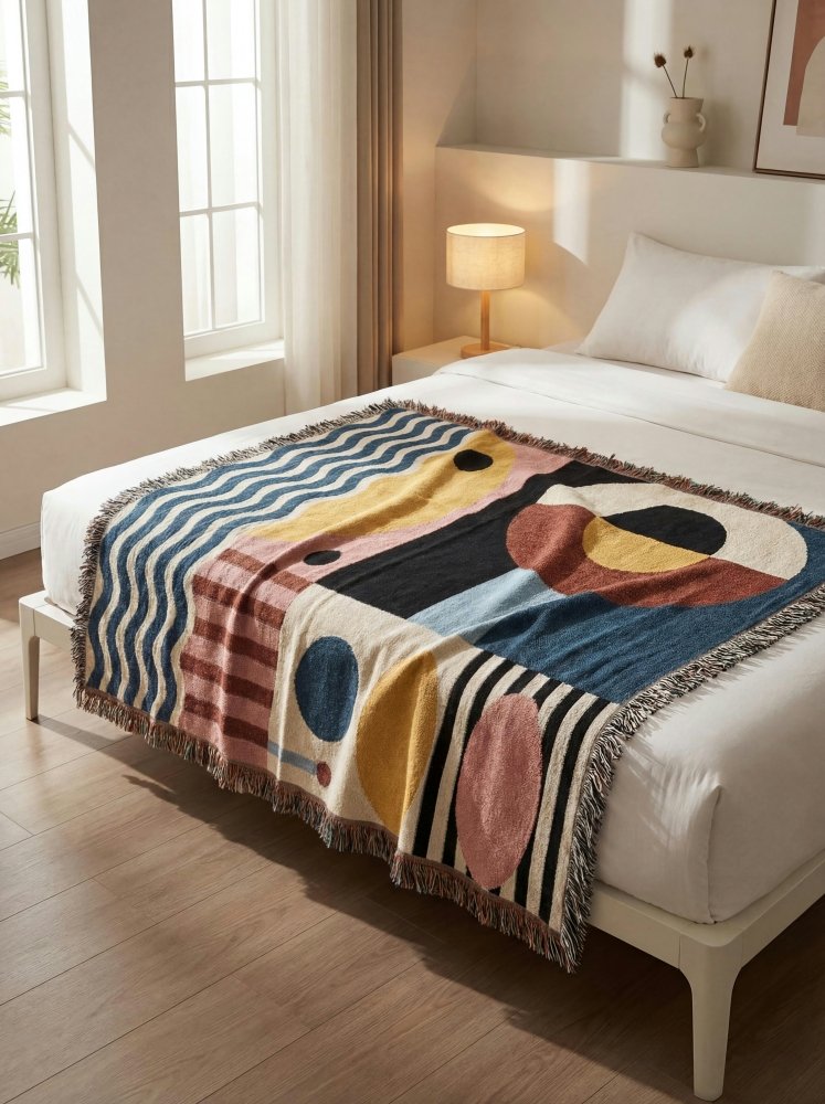 Home Decor {{variant_option}} - Mid-Century Geometric Woven Blanket — Abstract Retro Throw for Living Room woven throw blanket