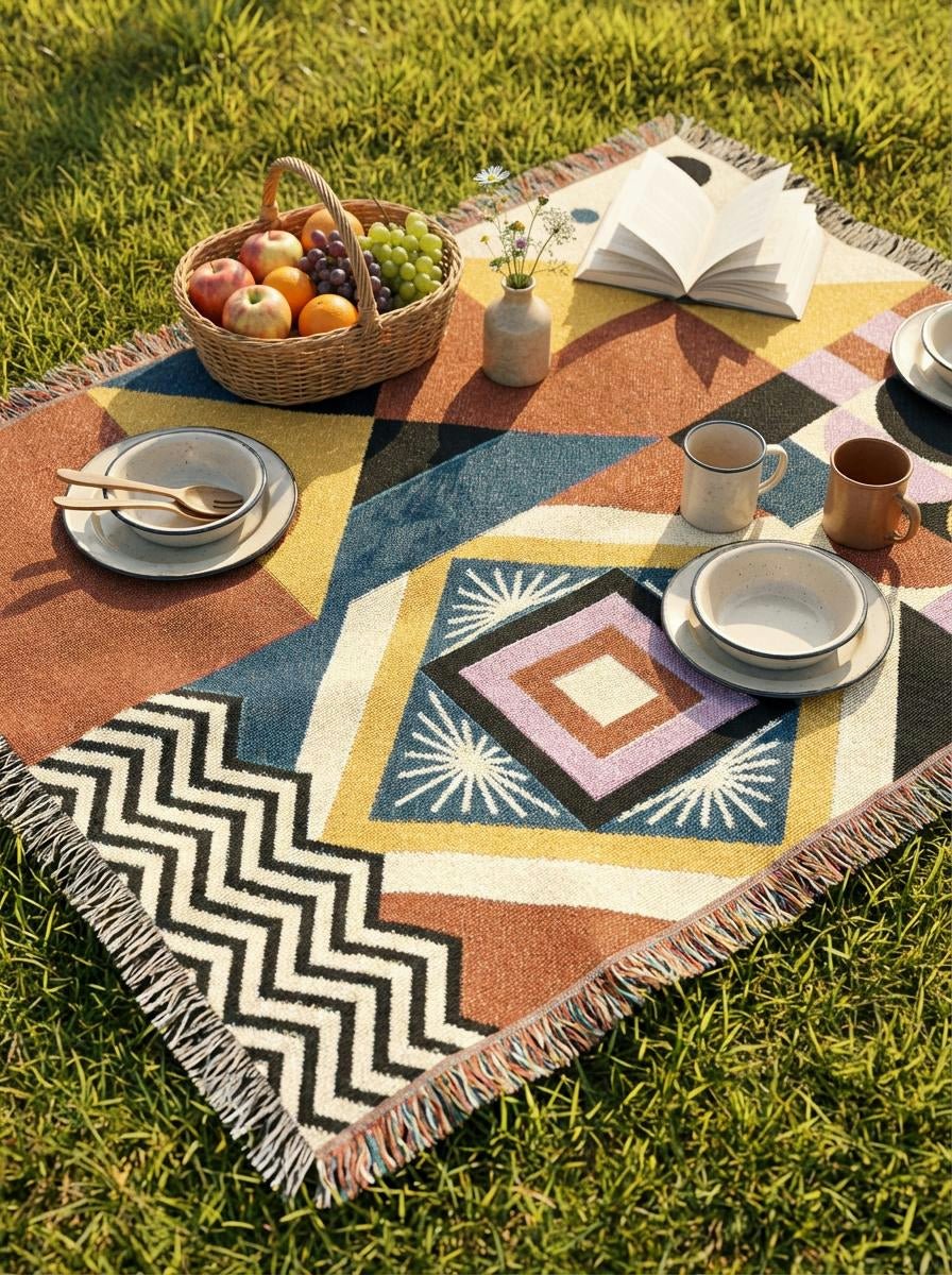 Sun Festival Geometric Throw Blanket – Colorful Modern Woven Art for Sofa and Bed - Modern Geometric Home Decor | HERITAGE LOOM CO.