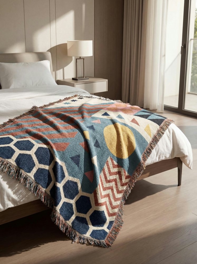 Home Decor {{variant_option}} - Sunrise Geometry Throw Blanket – Colorful Modern Woven Art for Sofa and Bed woven throw blanket