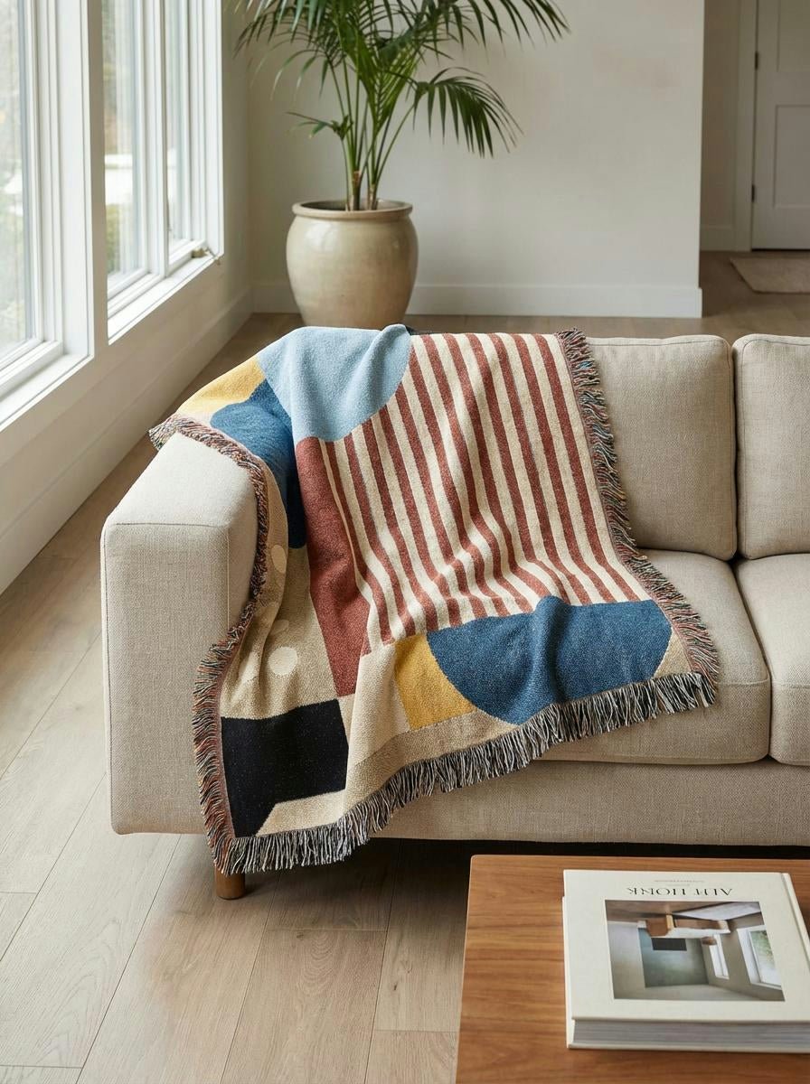 Bauhaus Stripe & Circles Throw Blanket – Modern Geometric Woven Art for Sofa and Bed - Modern Geometric Home Decor | HERITAGE LOOM CO.