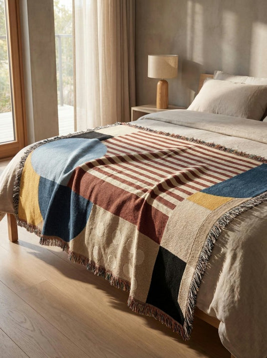 Home Decor {{variant_option}} - Bauhaus Stripe & Circles Throw Blanket – Modern Geometric Woven Art for Sofa and Bed woven throw blanket