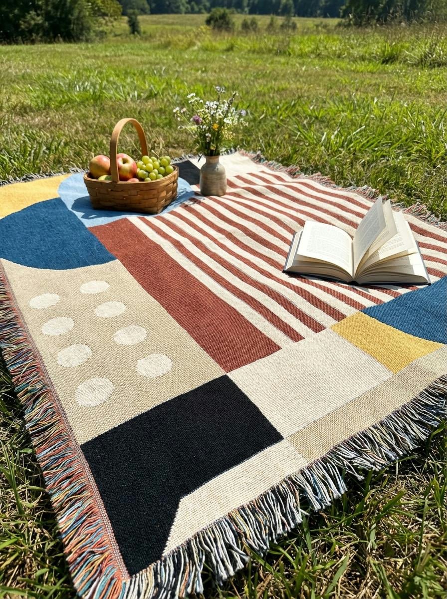 Bauhaus Stripe & Circles Throw Blanket – Modern Geometric Woven Art for Sofa and Bed - Modern Geometric Home Decor | HERITAGE LOOM CO.