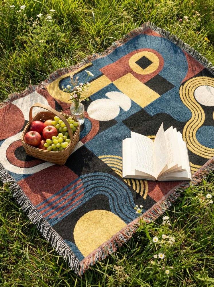 Home Decor {{variant_option}} - Bauhaus Rhythm Geometric Throw Blanket – Colorful Modern Woven Art for Sofa and Bed woven throw blanket