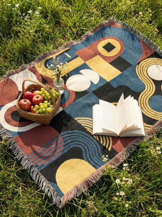 Home Decor {{variant_option}} - Bauhaus Rhythm Geometric Throw Blanket – Colorful Modern Woven Art for Sofa and Bed woven throw blanket