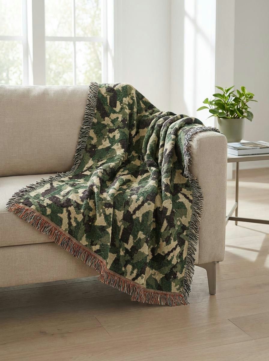 Camo Forest Woven Throw Blanket – Green Military Camouflage Throw for Sofa, Bed and Outdoor - Modern Geometric Home Decor | HERITAGE LOOM CO.
