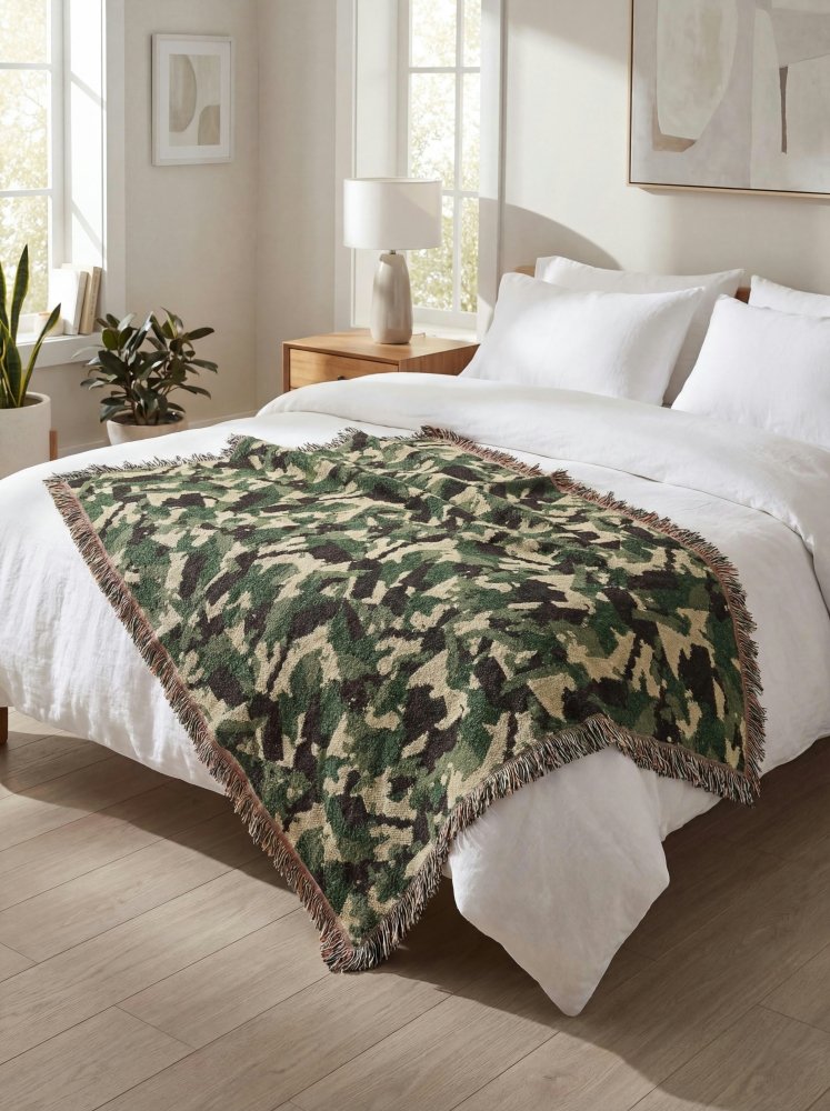 Home Decor {{variant_option}} - Camo Forest Woven Throw Blanket – Green Military Camouflage Throw for Sofa, Bed and Outdoor woven throw blanket