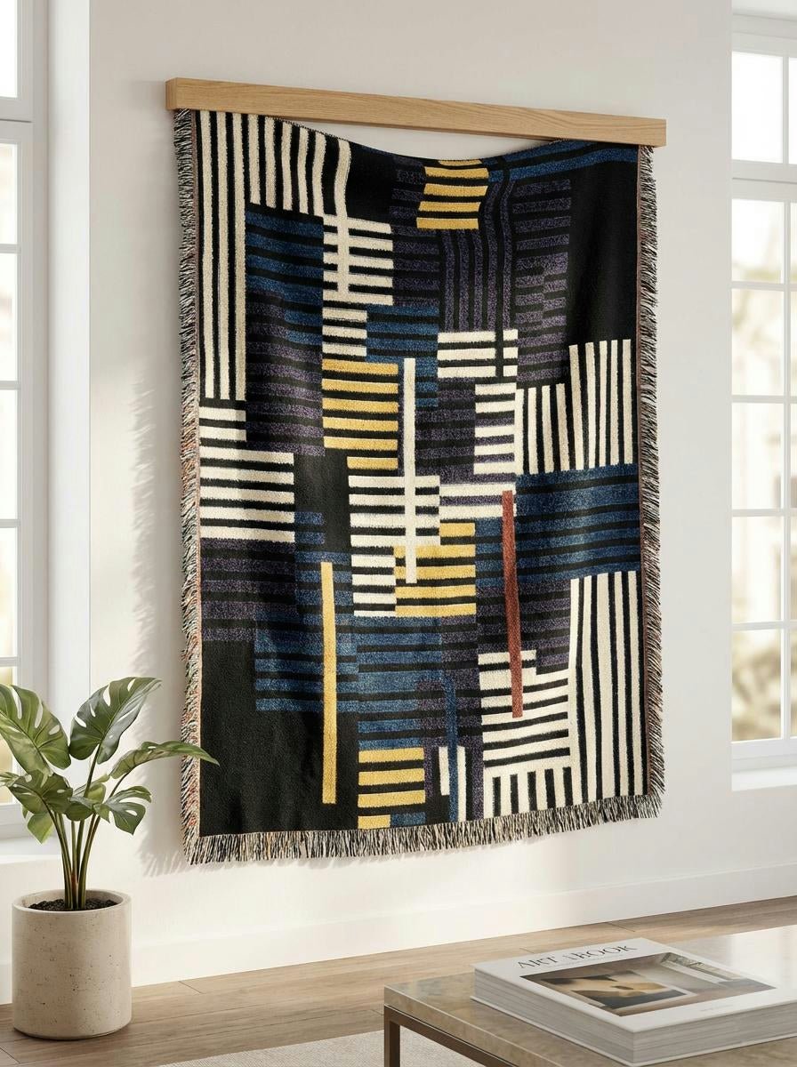 Neon Metro Striped Throw Blanket – Navy, Mustard and Cream Modern Woven Art for Sofa and Bed - Modern Geometric Home Decor | HERITAGE LOOM CO.