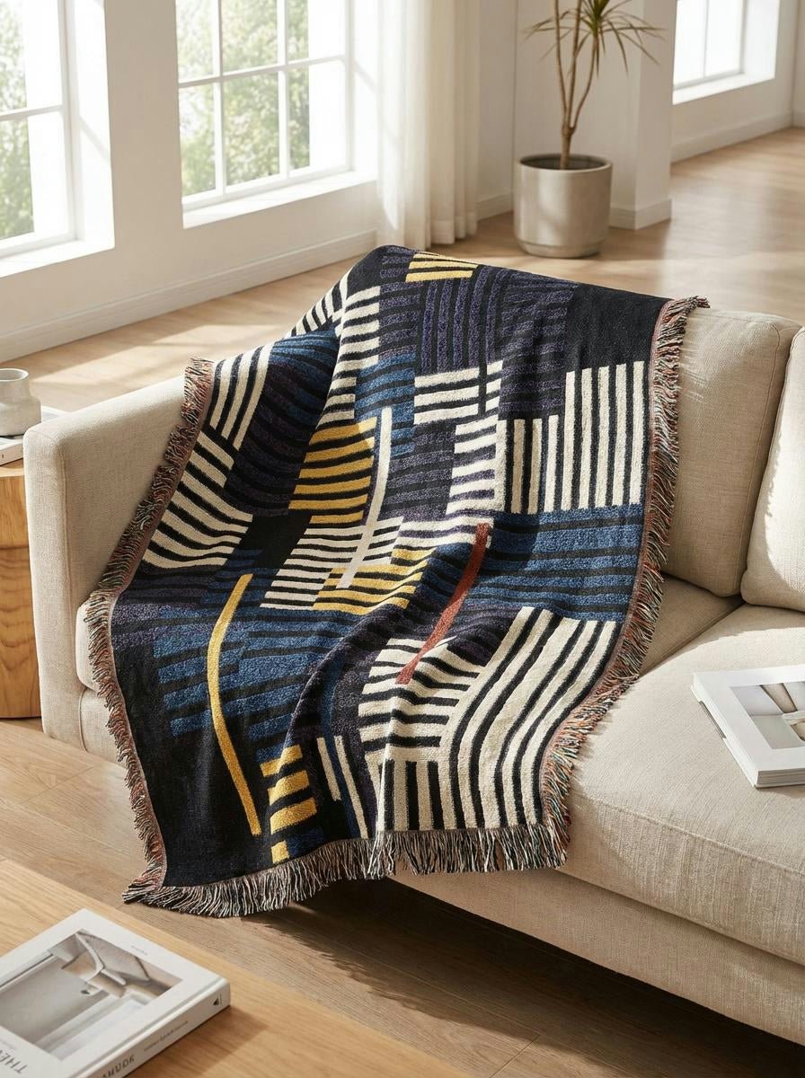Neon Metro Striped Throw Blanket – Navy, Mustard and Cream Modern Woven Art for Sofa and Bed - Modern Geometric Home Decor | HERITAGE LOOM CO.