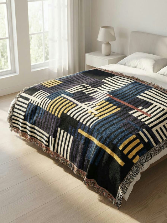 Neon Metro Striped Throw Blanket – Navy, Mustard and Cream Modern Woven Art for Sofa and Bed - Modern Geometric Home Decor | HERITAGE LOOM CO.