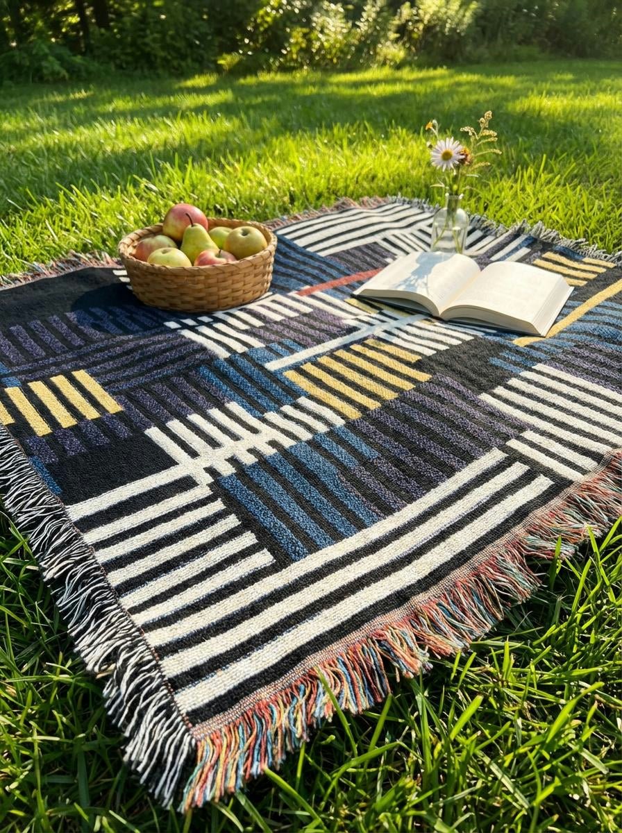 Neon Metro Striped Throw Blanket – Navy, Mustard and Cream Modern Woven Art for Sofa and Bed - Modern Geometric Home Decor | HERITAGE LOOM CO.
