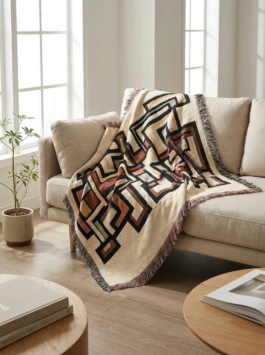 Cubist Pathways Woven Throw Blanket – Modern Geometric Art for Sofa and Bed in Warm Neutrals - Modern Geometric Home Decor | HERITAGE LOOM CO.