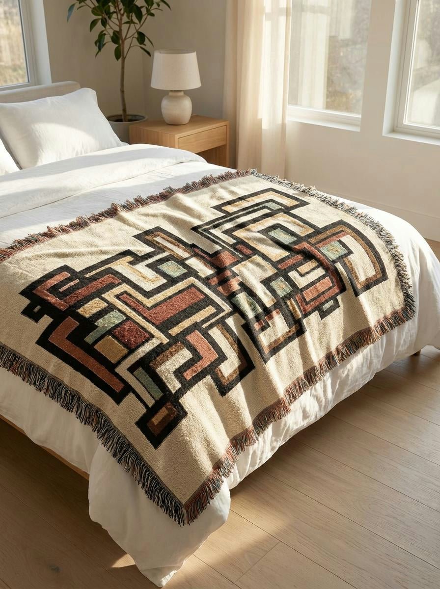 Cubist Pathways Woven Throw Blanket – Modern Geometric Art for Sofa and Bed in Warm Neutrals - Modern Geometric Home Decor | HERITAGE LOOM CO.