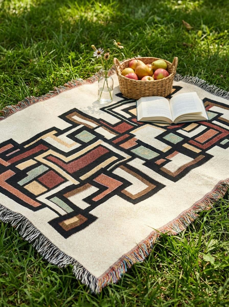 Cubist Pathways Woven Throw Blanket – Modern Geometric Art for Sofa and Bed in Warm Neutrals - Modern Geometric Home Decor | HERITAGE LOOM CO.