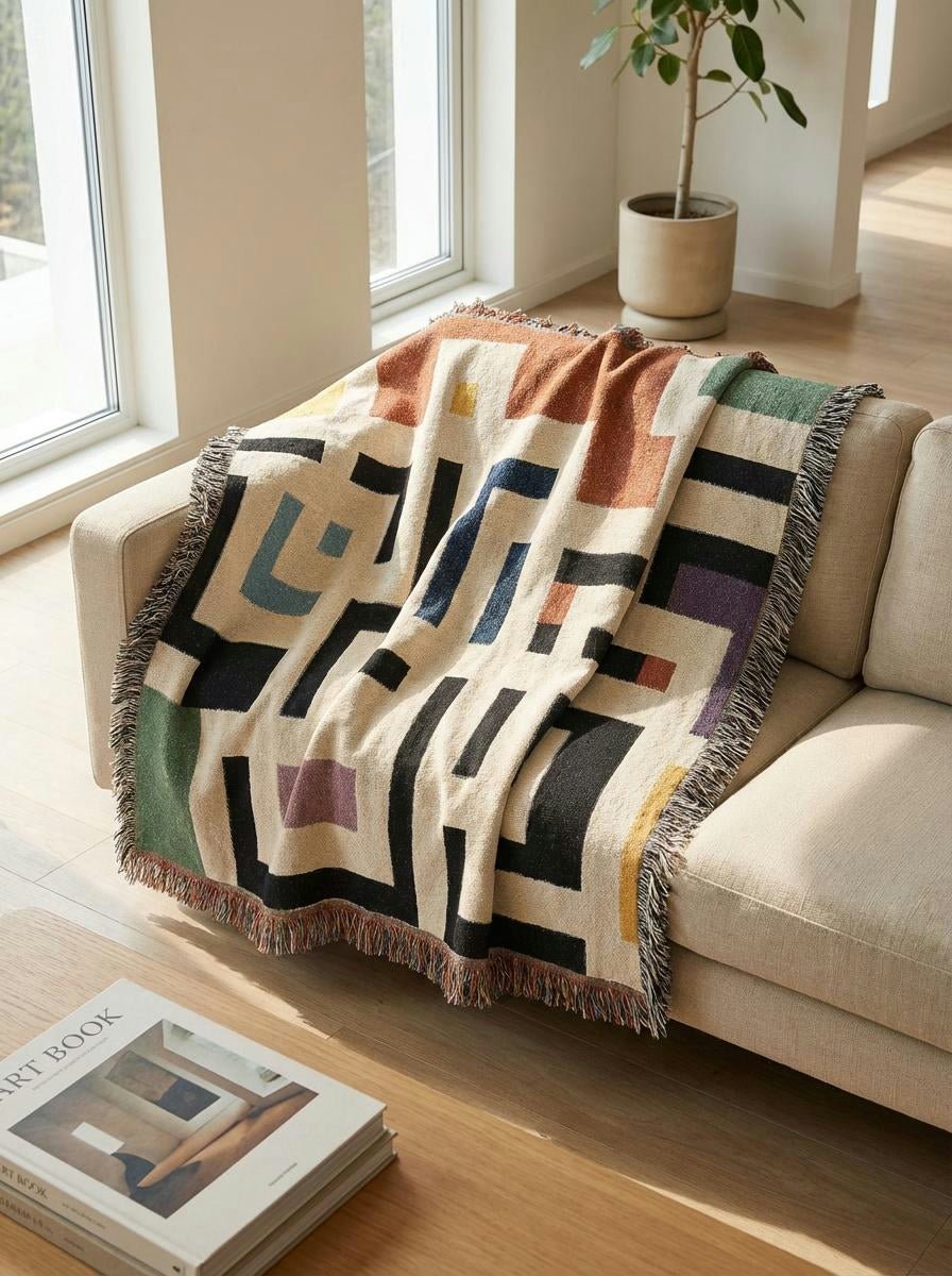 Geometric Maze Woven Blanket — Modern Abstract Throw for Living Room & Dorm - Modern Geometric Home Decor | HERITAGE LOOM CO.