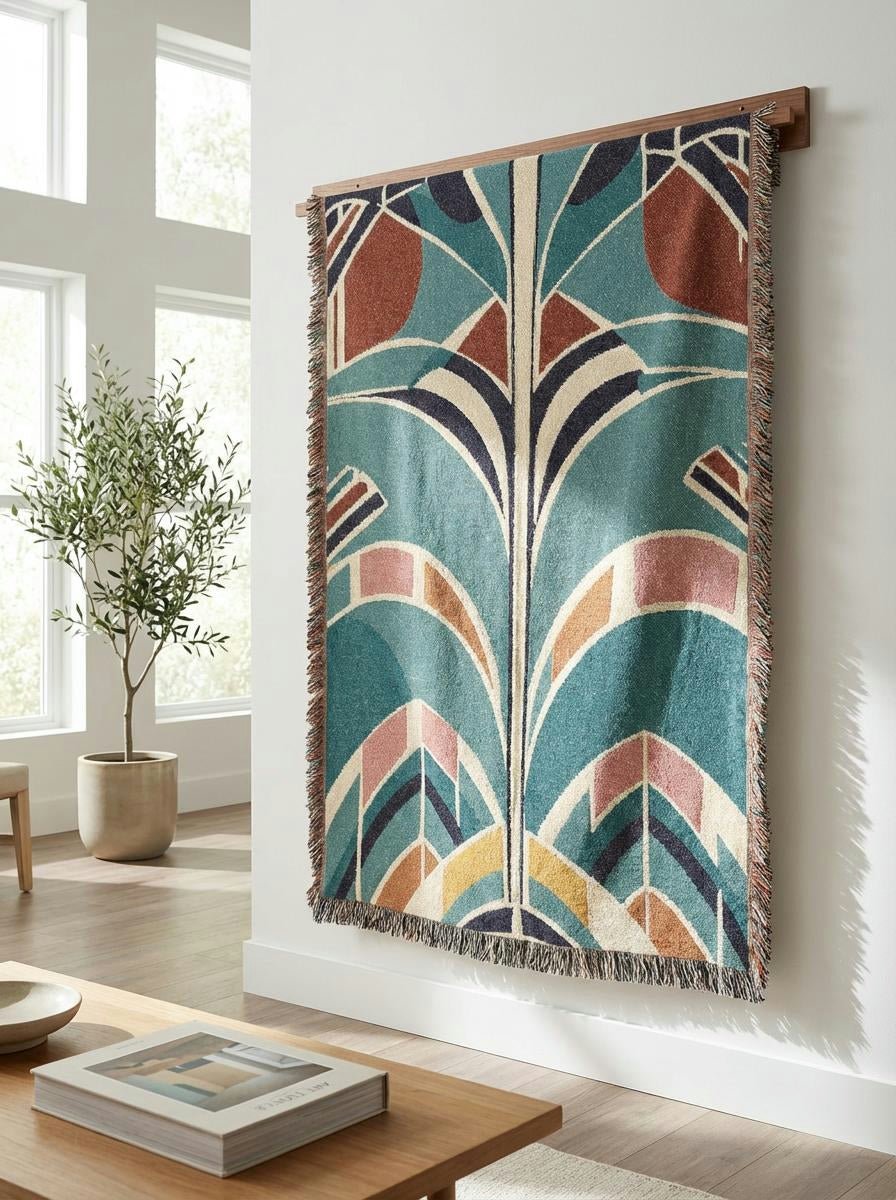 Art Deco Palm Woven Throw Blanket – Teal Geometric Botanical Art for Sofa and Bed - Modern Geometric Home Decor | HERITAGE LOOM CO.