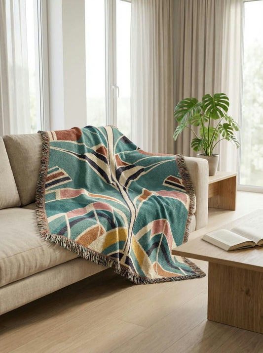 Art Deco Palm Woven Throw Blanket – Teal Geometric Botanical Art for Sofa and Bed - Modern Geometric Home Decor | HERITAGE LOOM CO.