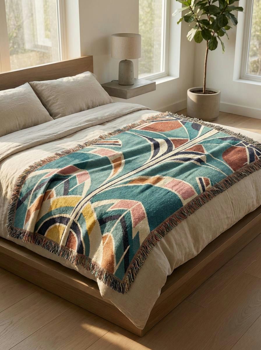 Art Deco Palm Woven Throw Blanket – Teal Geometric Botanical Art for Sofa and Bed - Modern Geometric Home Decor | HERITAGE LOOM CO.