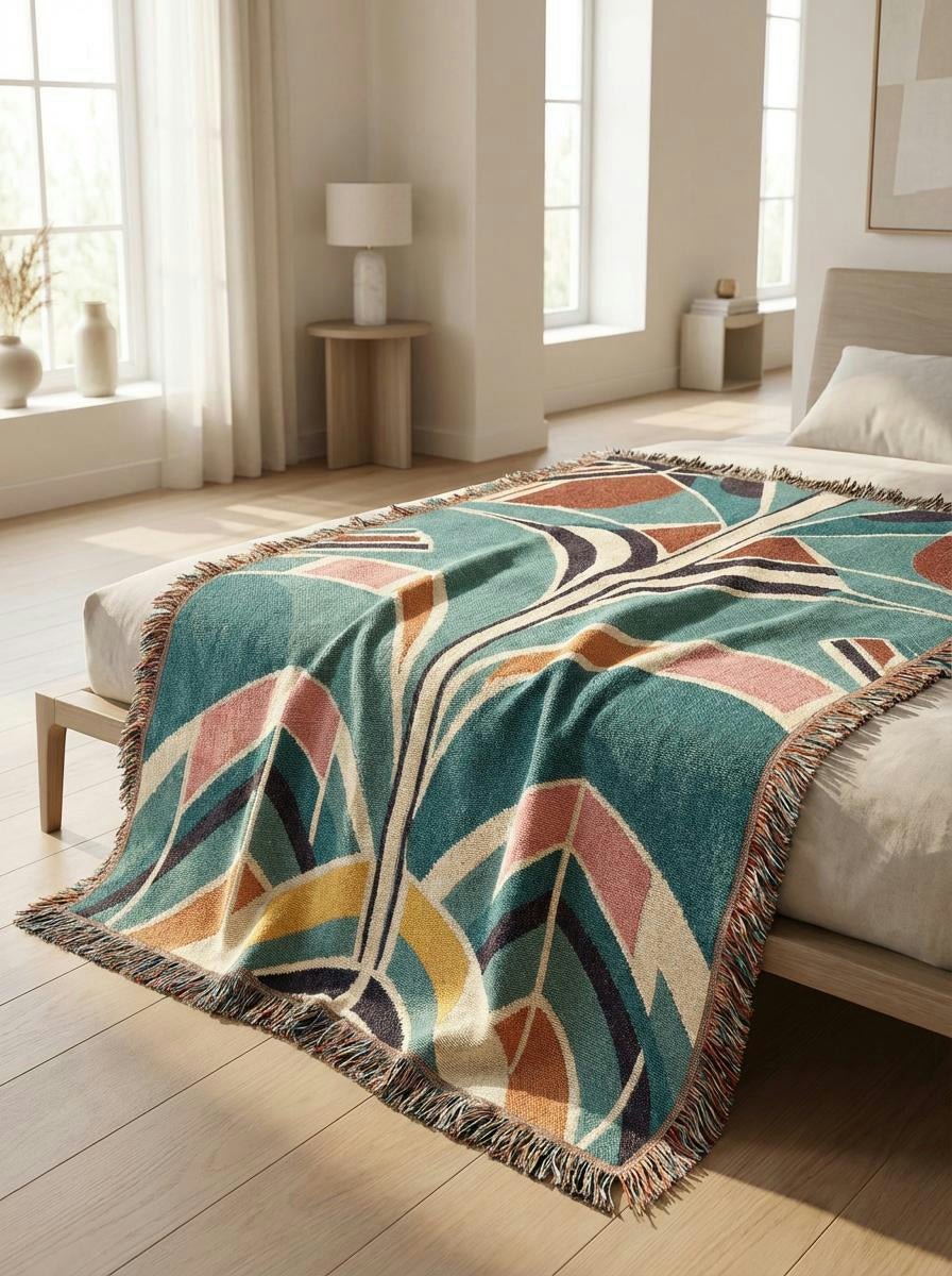 Art Deco Palm Woven Throw Blanket – Teal Geometric Botanical Art for Sofa and Bed - Modern Geometric Home Decor | HERITAGE LOOM CO.