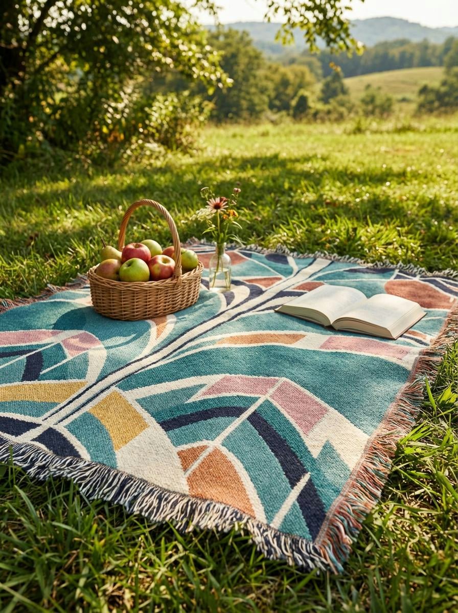 Art Deco Palm Woven Throw Blanket – Teal Geometric Botanical Art for Sofa and Bed - Modern Geometric Home Decor | HERITAGE LOOM CO.