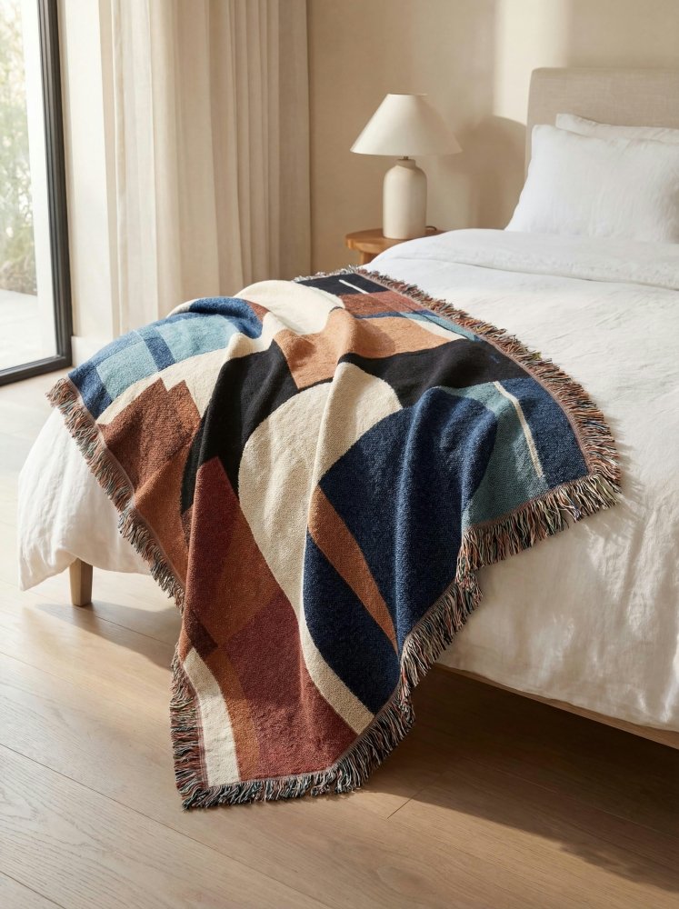 Home Decor {{variant_option}} - Abstract Multicolor Bauhaus Throw Blanket – Modern Geometric Art Décor for Living Room and Bedroom woven throw blanket