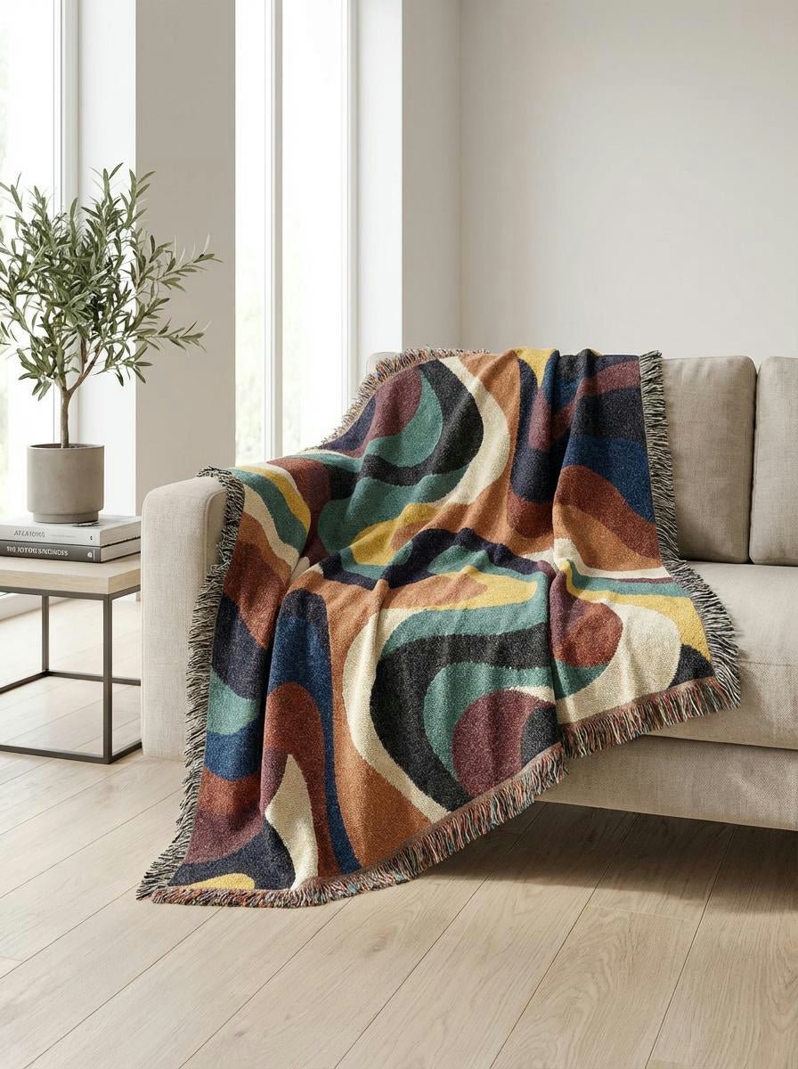 Earthwave Retro Throw Blanket – Warm Colorful Wavy Woven Art for Sofa and Bed - Modern Geometric Home Decor | HERITAGE LOOM CO.