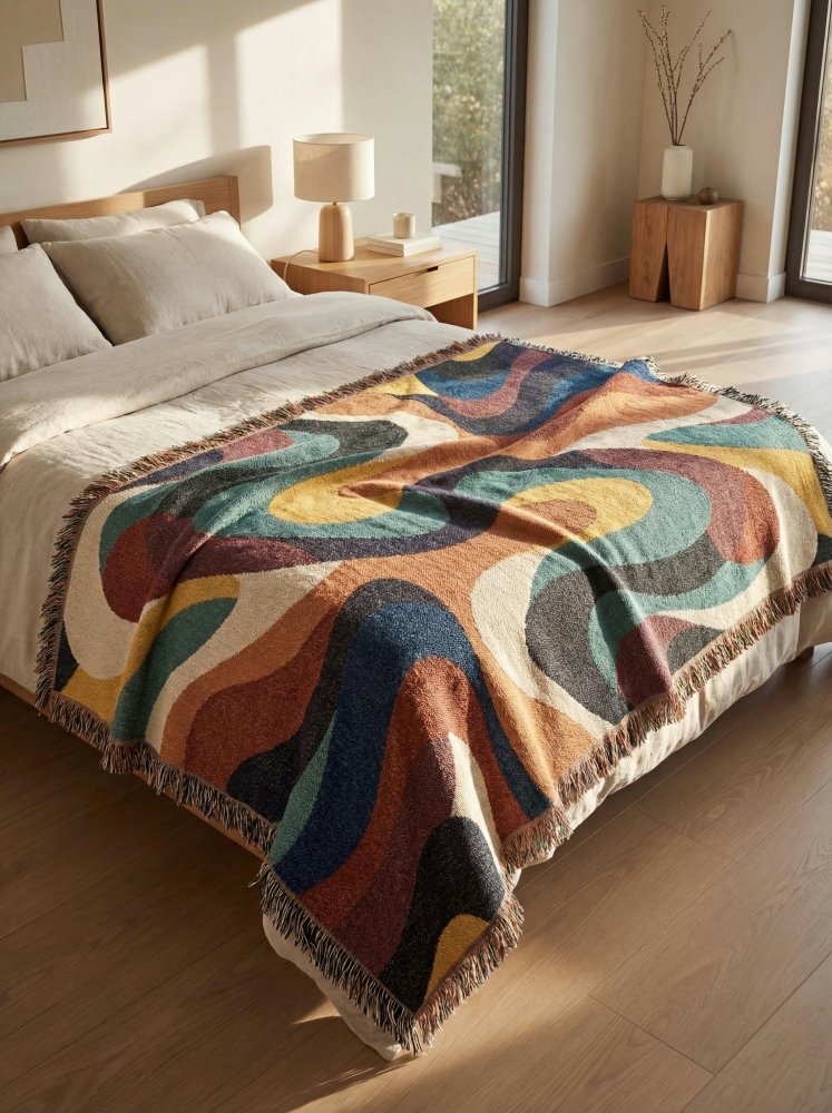 Home Decor {{variant_option}} - Earthwave Retro Throw Blanket – Warm Colorful Wavy Woven Art for Sofa and Bed woven throw blanket