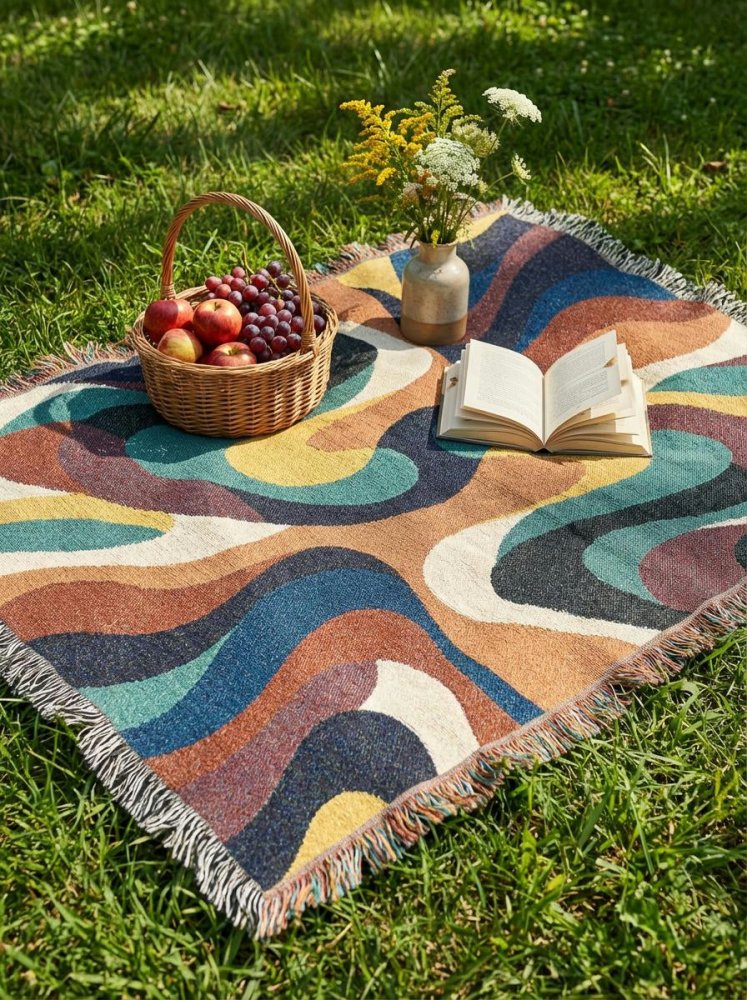 Home Decor {{variant_option}} - Earthwave Retro Throw Blanket – Warm Colorful Wavy Woven Art for Sofa and Bed woven throw blanket