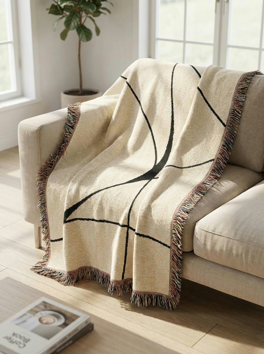Cloudline Minimalist Throw Blanket – Cream and Black Modern Woven Art for Sofa and Bed - Modern Geometric Home Decor | HERITAGE LOOM CO.