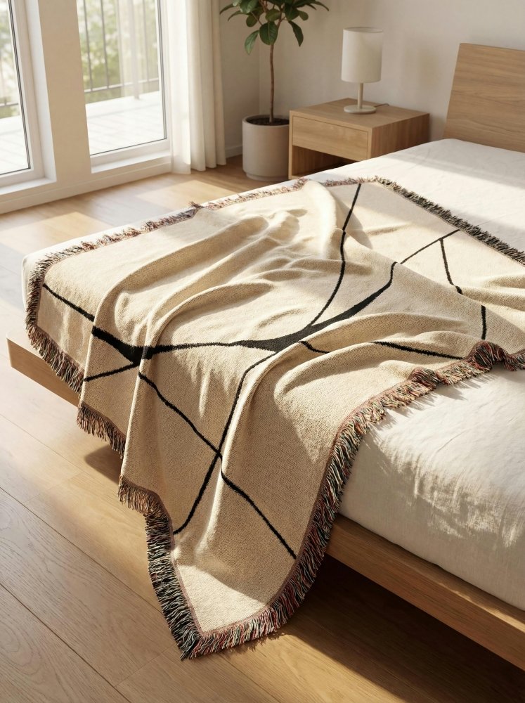 Home Decor {{variant_option}} - Cloudline Minimalist Throw Blanket – Cream and Black Modern Woven Art for Sofa and Bed woven throw blanket
