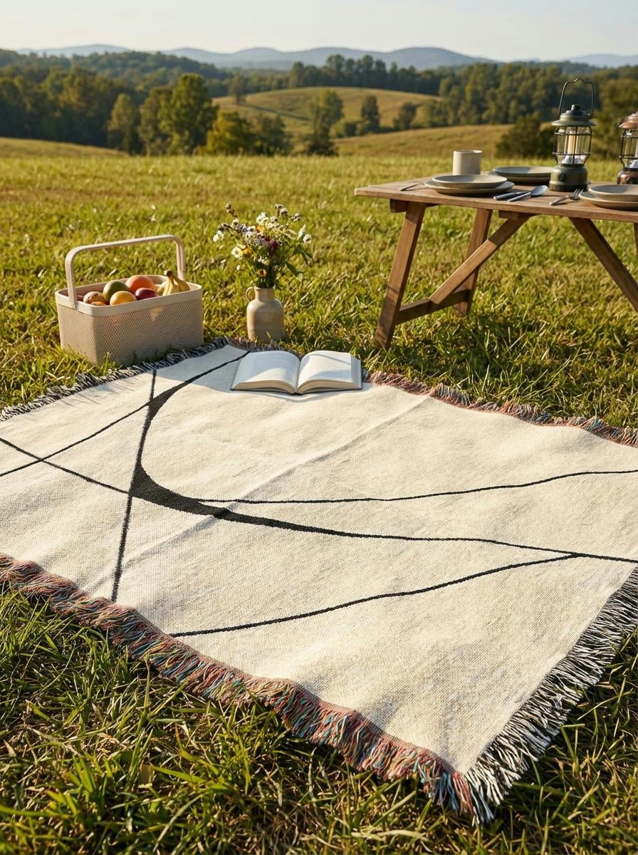 Cloudline Minimalist Throw Blanket – Cream and Black Modern Woven Art for Sofa and Bed - Modern Geometric Home Decor | HERITAGE LOOM CO.