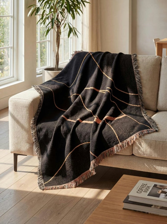Home Decor {{variant_option}} - Midnight Curves Woven Throw Blanket – Minimalist Black Brown Modern Art for Sofa and Bed woven throw blanket