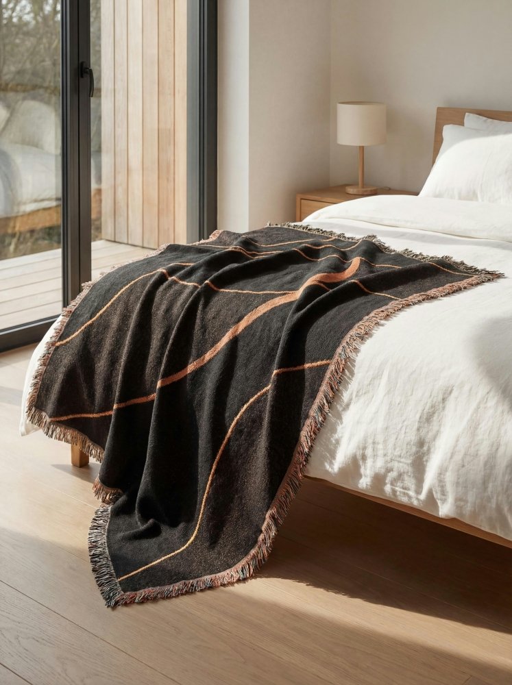 Home Decor {{variant_option}} - Midnight Curves Woven Throw Blanket – Minimalist Black Brown Modern Art for Sofa and Bed woven throw blanket