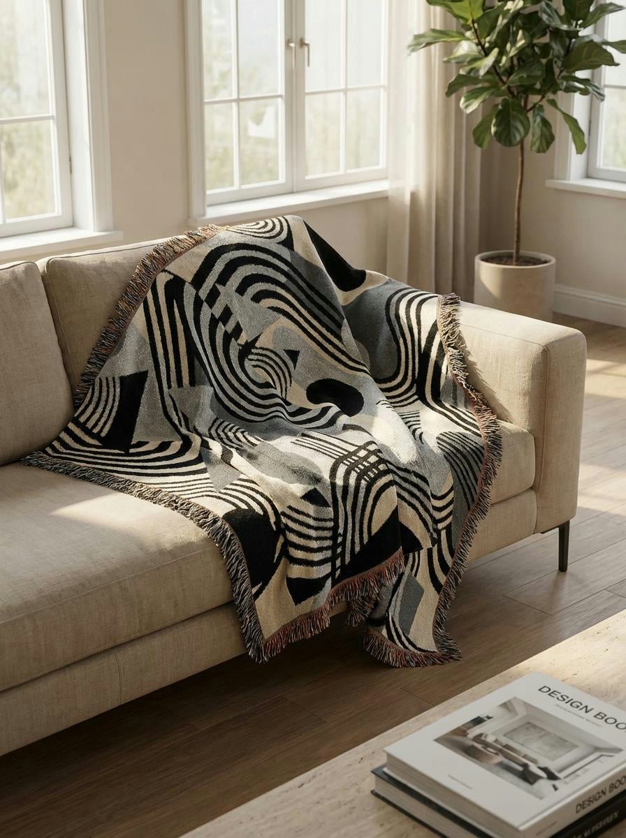 Monochrome Waves Geometric Throw Blanket – Black and Grey Modern Woven Art for Sofa and Bed - Modern Geometric Home Decor | HERITAGE LOOM CO.