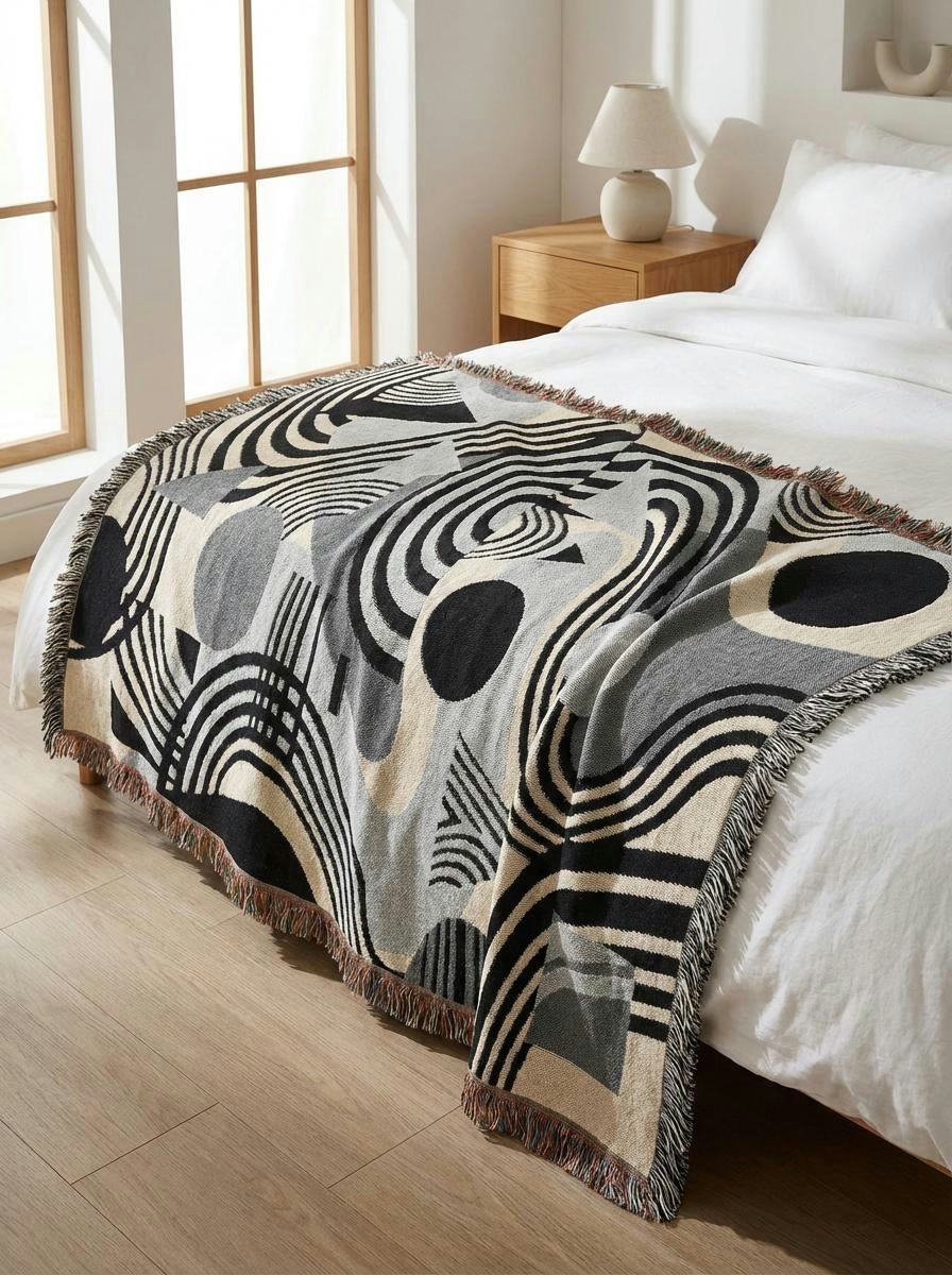 Monochrome Waves Geometric Throw Blanket – Black and Grey Modern Woven Art for Sofa and Bed - Modern Geometric Home Decor | HERITAGE LOOM CO.