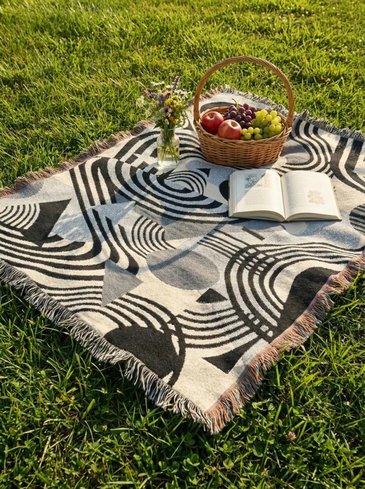 Home Decor {{variant_option}} - Monochrome Waves Geometric Throw Blanket – Black and Grey Modern Woven Art for Sofa and Bed woven throw blanket