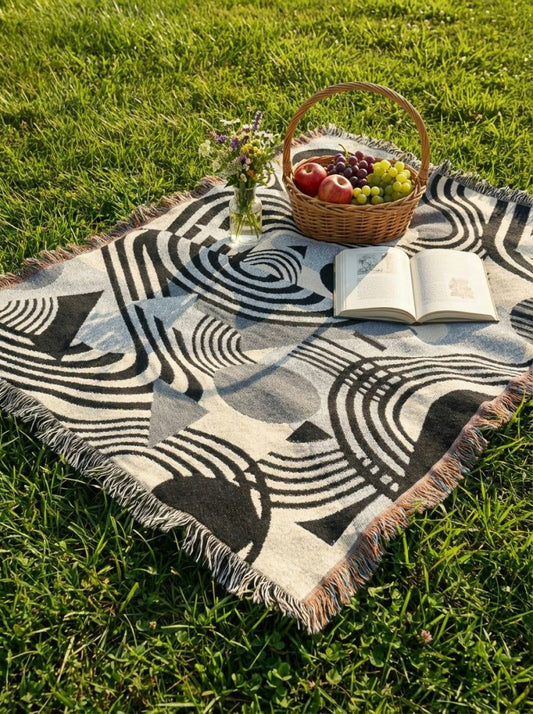 Home Decor {{variant_option}} - Monochrome Waves Geometric Throw Blanket – Black and Grey Modern Woven Art for Sofa and Bed woven throw blanket