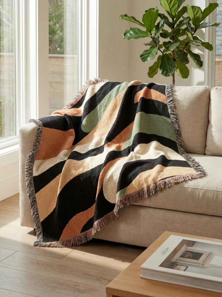 Home Decor {{variant_option}} - Organic Earthtone Wave Throw Blanket – Modern Abstract Woven Art Décor for Sofa and Bed woven throw blanket